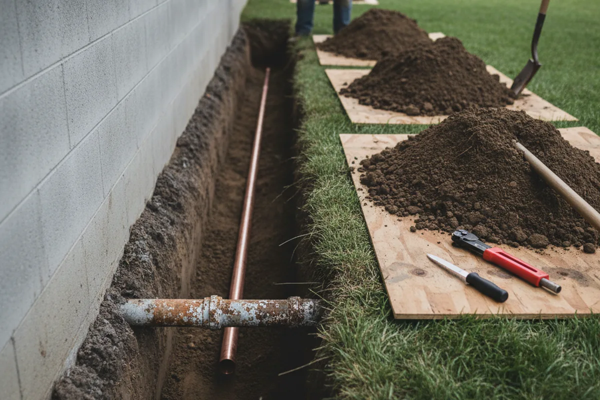Excavated water line trench during Sewer Line Repair in Arona